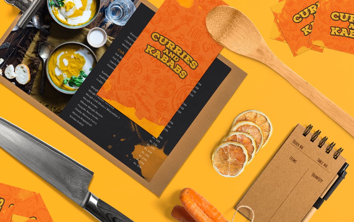 Full-spread flat-lay with menu and order pad