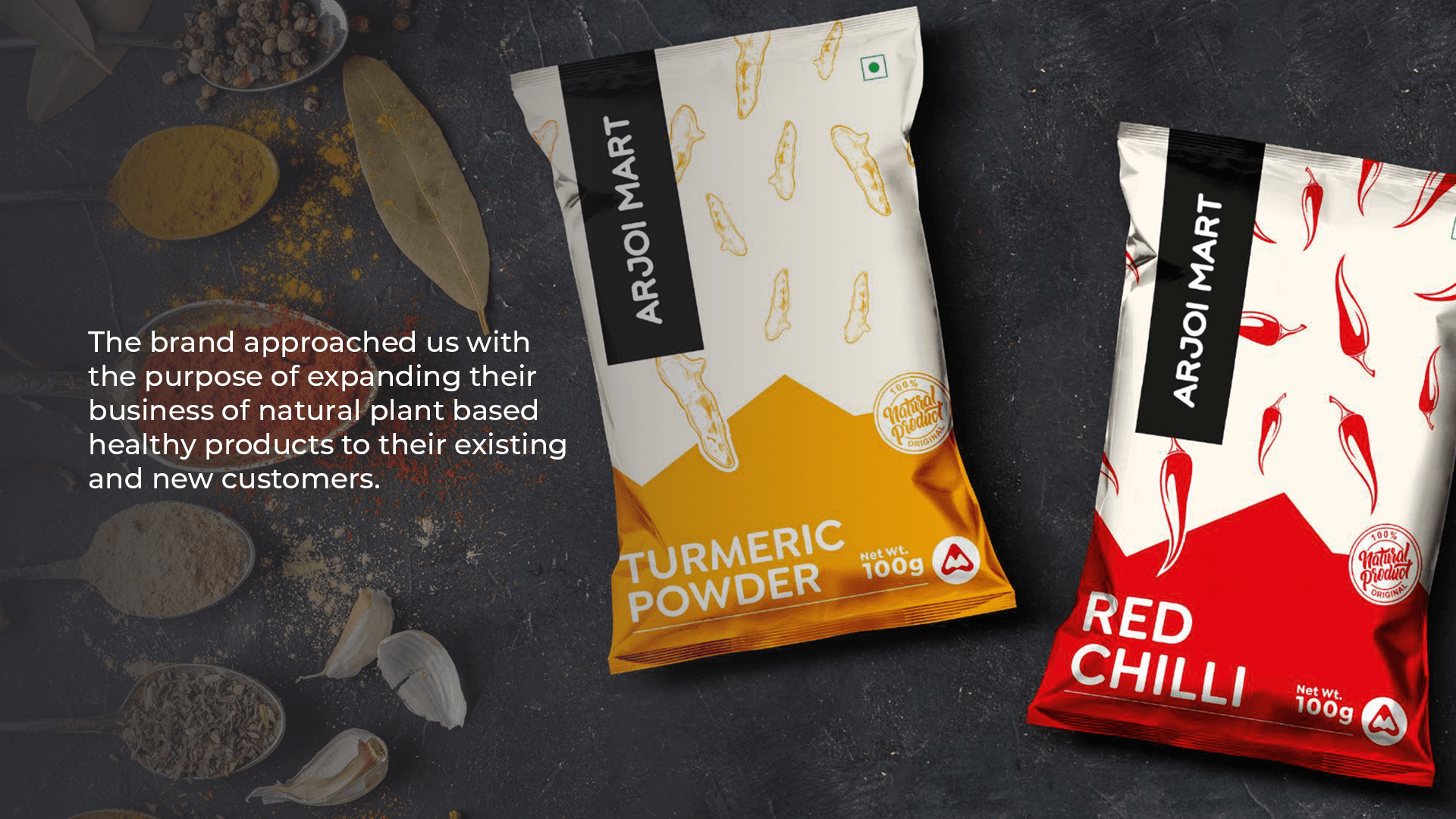 Arjoi Mart packaging spread — Turmeric Powder and Red Chilli pouches on dark spice flat-lay background