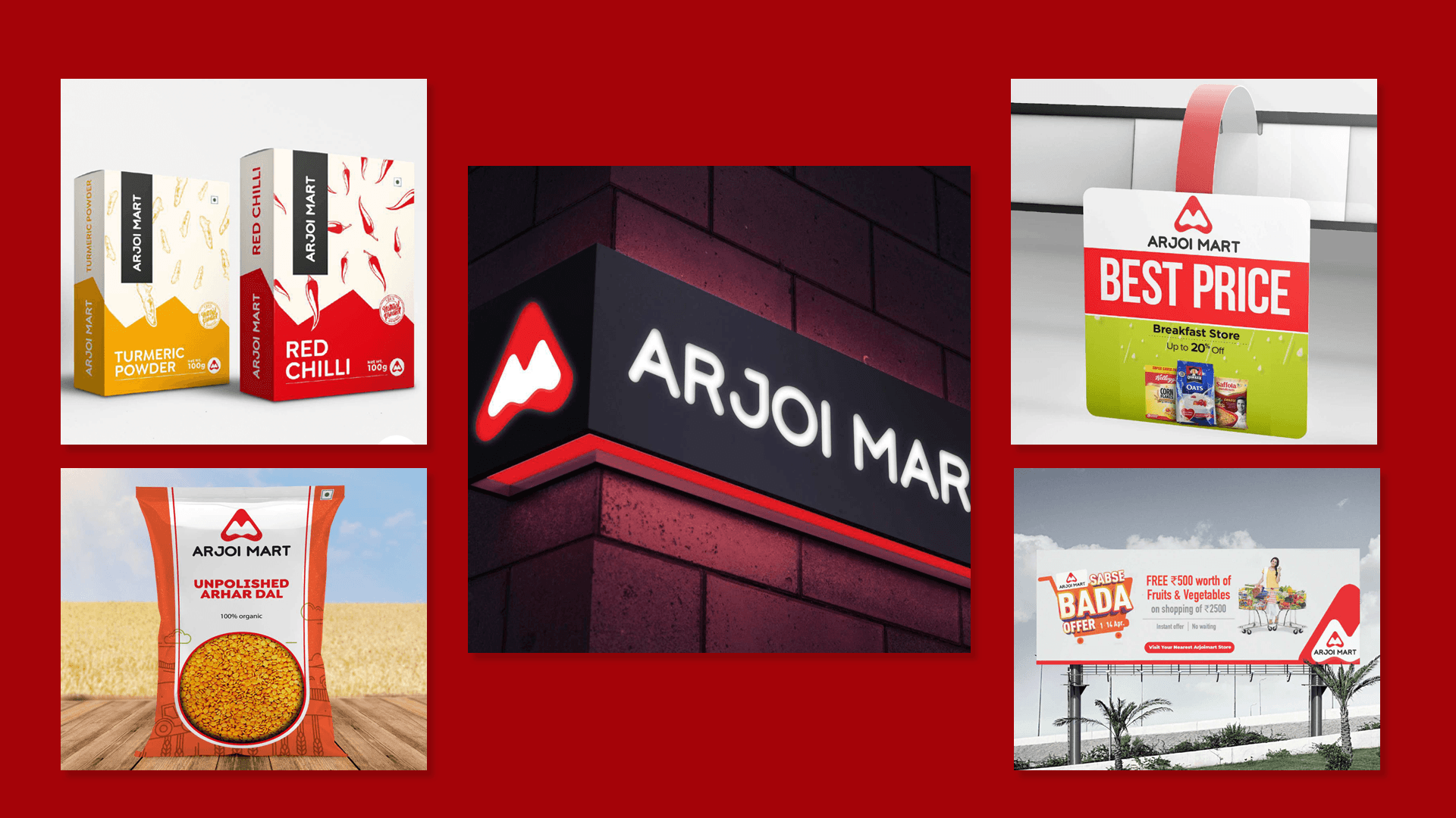 Arjoi Mart full collateral grid — packaging boxes, standees, signage board, billboard, arhar dal pack on red background