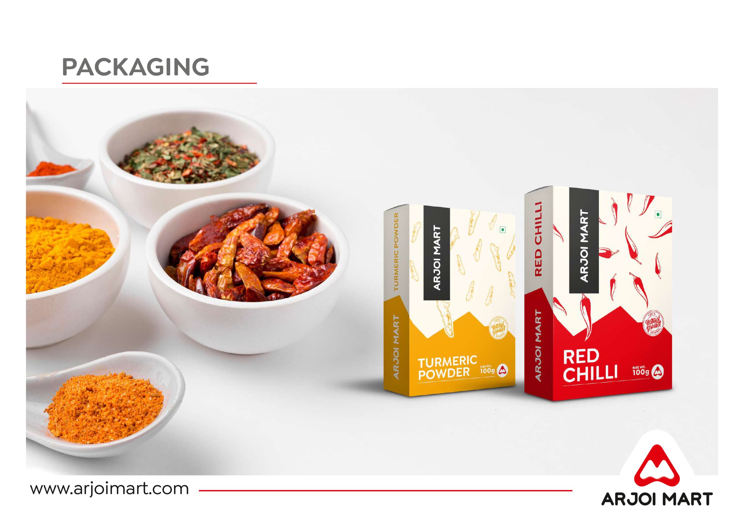 Packaging range — Turmeric Powder and Red Chilli boxes on spice flat-lay