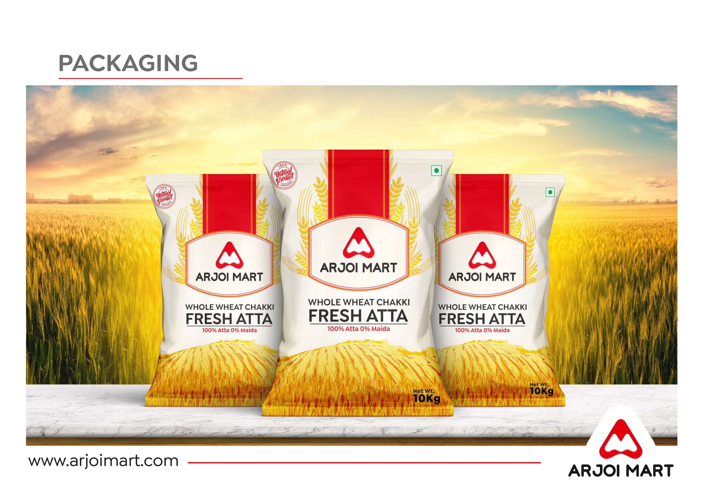 Arjoi Mart packaging Whole Wheat Chakki Fresh Atta — three white bags in wheat field