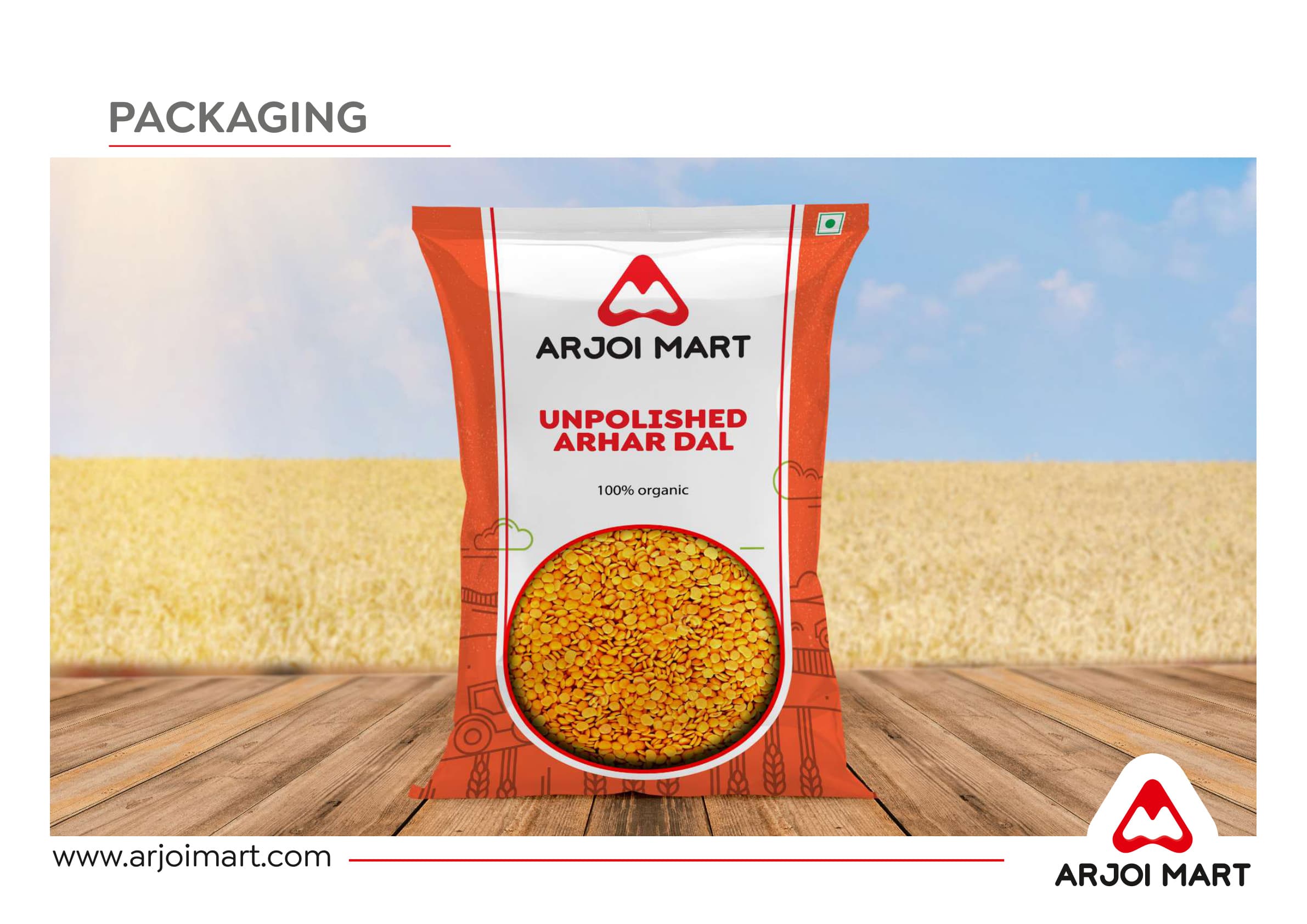 Arhar Dal pack — orange and white 100% organic pack, wheat field background