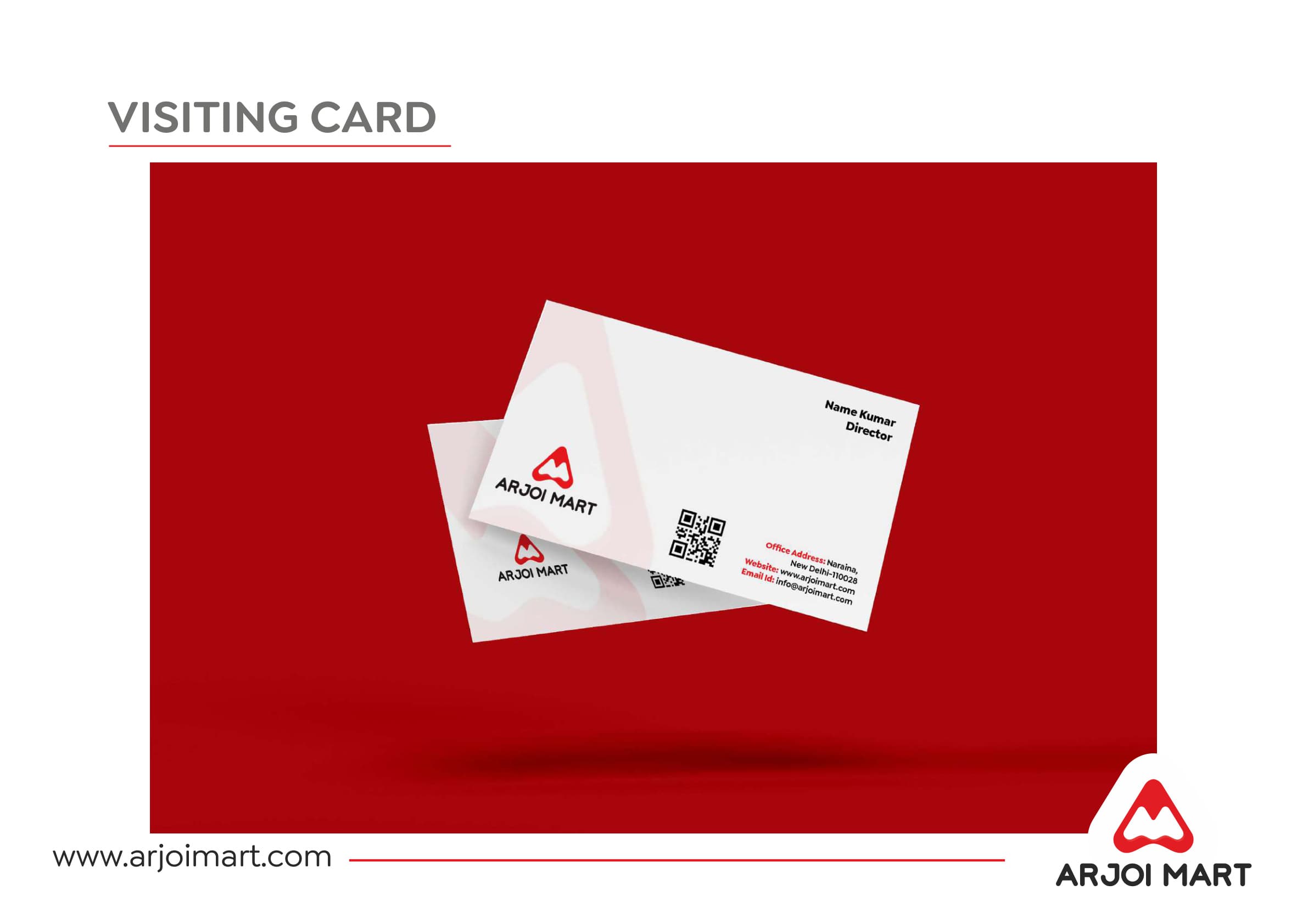 Visiting card front and back — white card with red logo, QR code and contact details