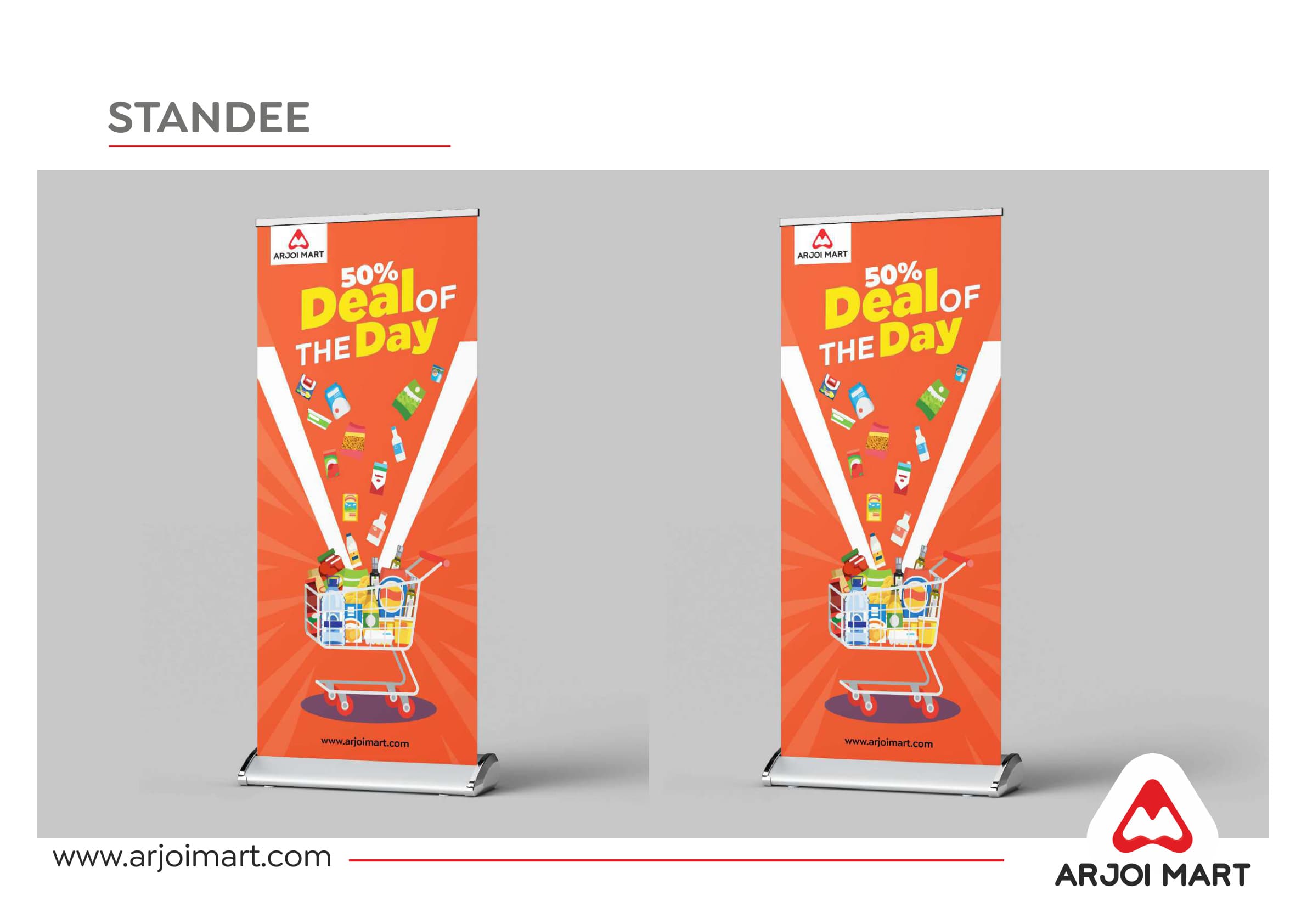 Deal of the Day standee — orange standee with shopping cart illustration
