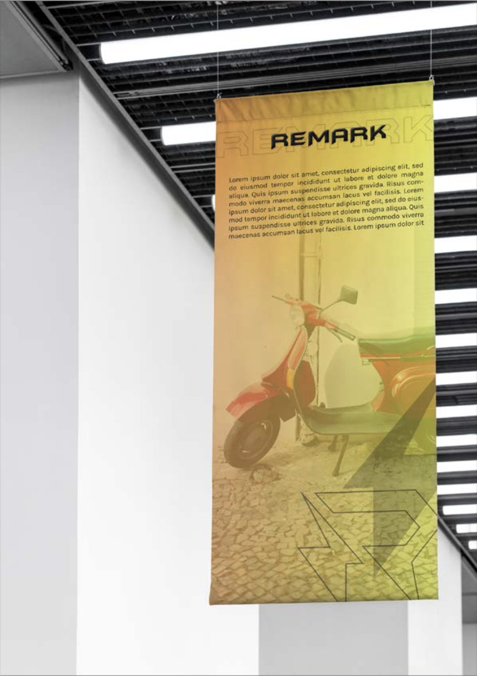 Hanging Remark brand banner — showroom signage mockup